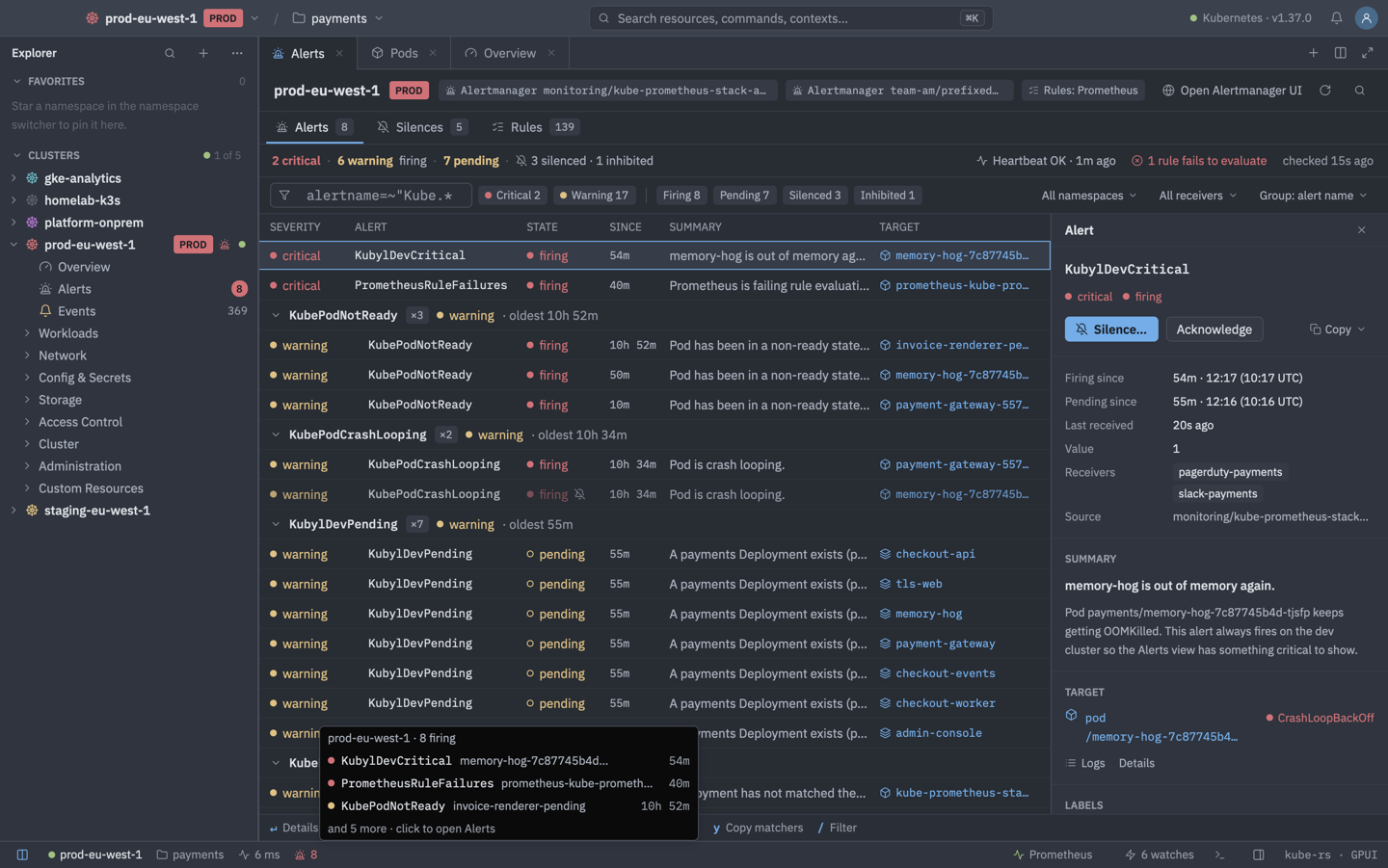 Kubyl Alerts view with firing Alertmanager alerts and an alert detail panel