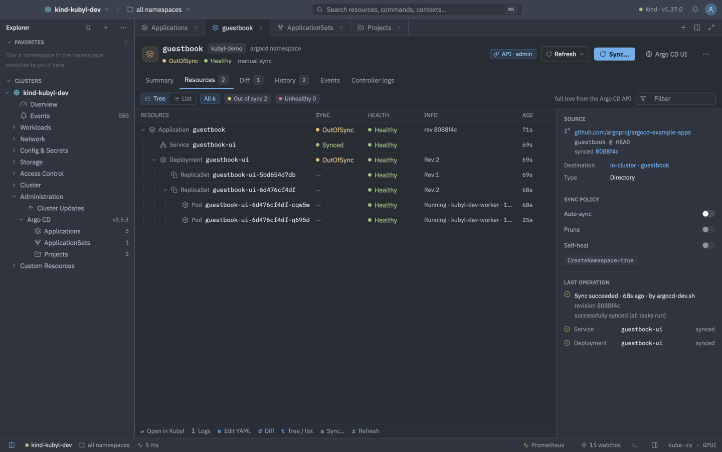 Kubyl showing an Argo CD application's resource tree, sync status and last operation