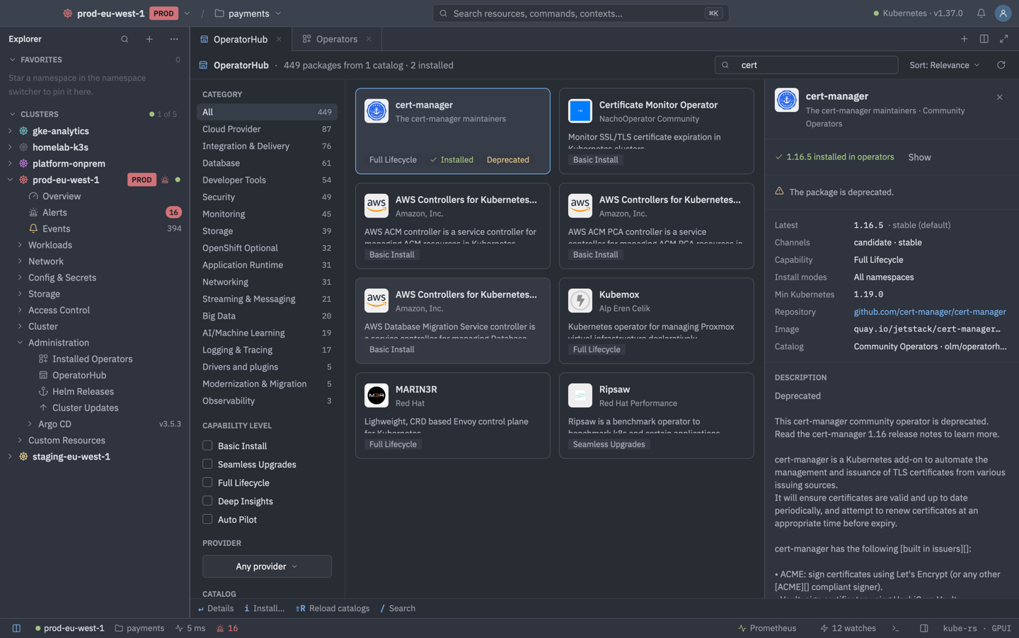 Kubyl OperatorHub catalog with a cert-manager operator detail panel