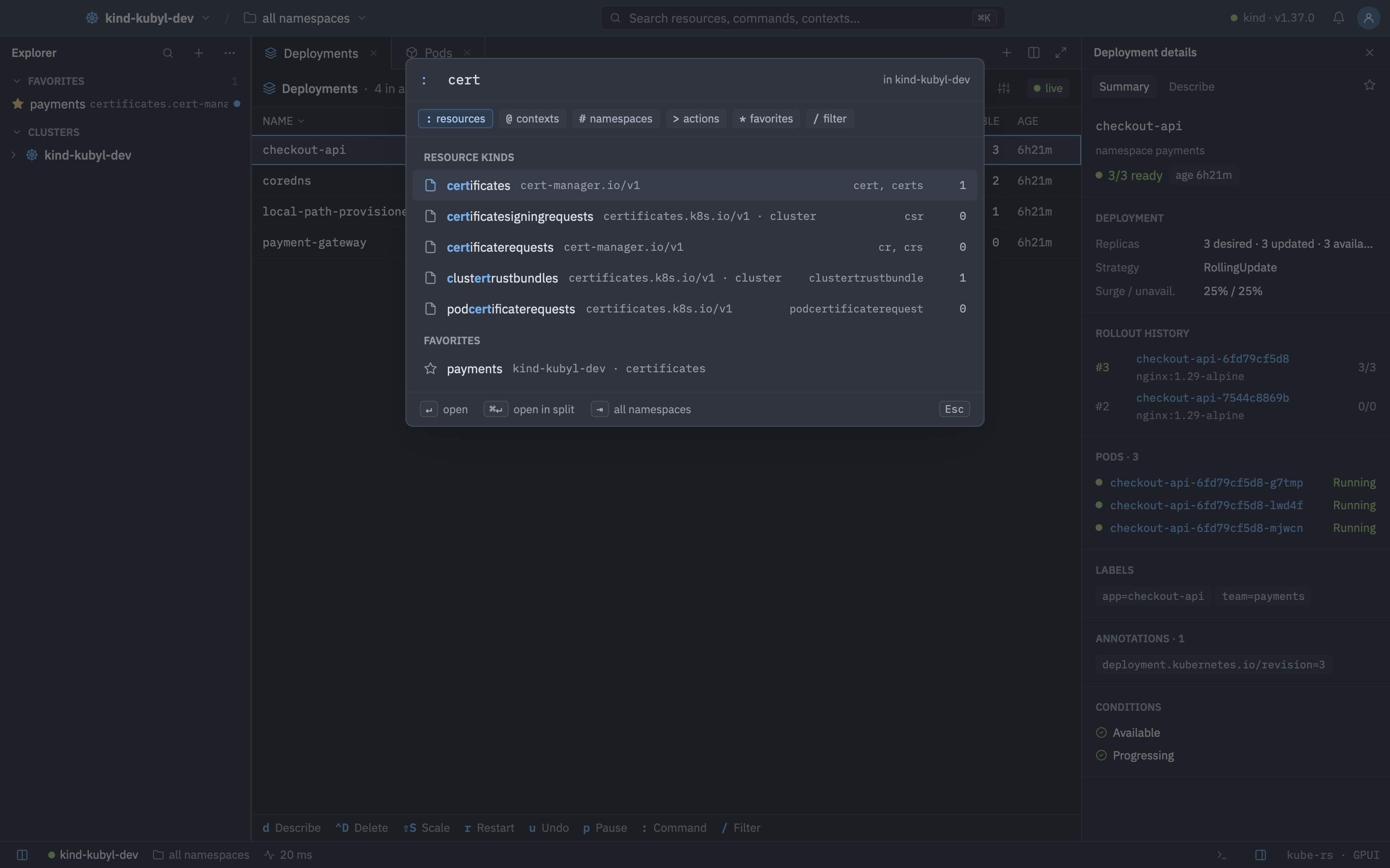 Kubyl command palette open over the explorer